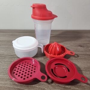 Tupperware EZ Shaker Chili Red / Sheer Quick Shake All In One 12oz With Extras